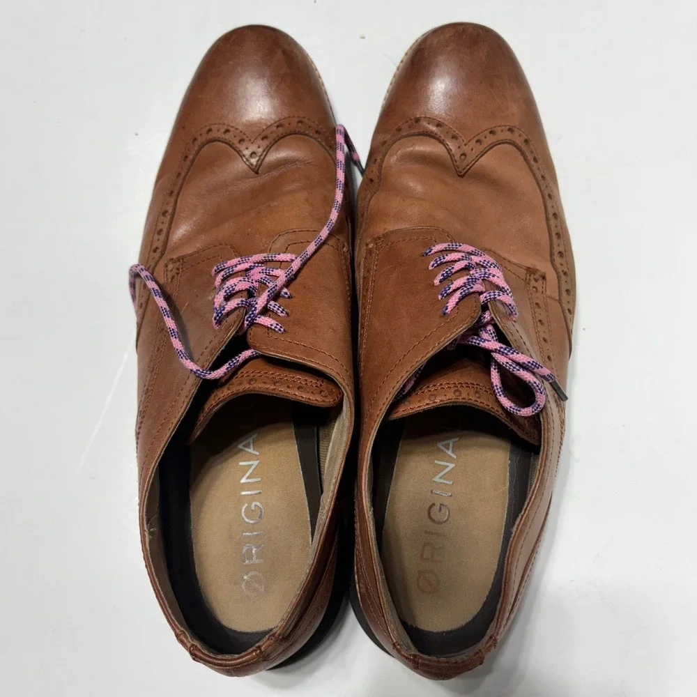 Cole Haan OriginalGrand Wingtip Oxford Mens Tan Leather Brogue Shoes Pink Laces